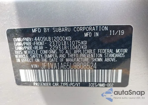 2020 Subaru Wrx from USA, damaged, VIN JF1VA1A65L9808524